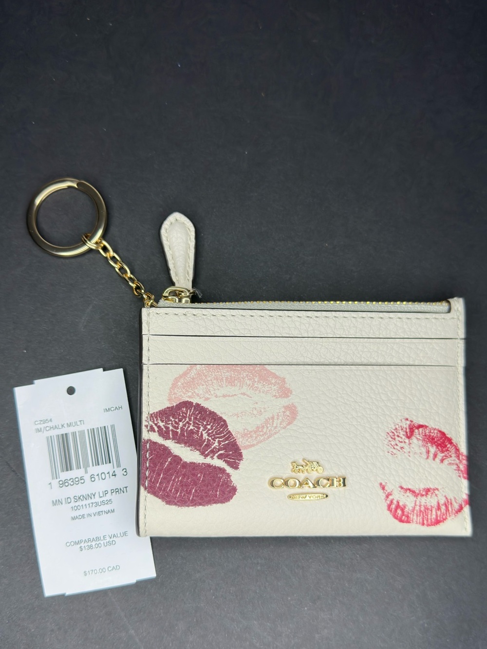 NWT Coach ‘Chalk/Multi’ ‘Mini ID Skinny Lip Print’ Wallet Key Ring